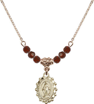 18" Hamilton Gold Plated Necklace with 4mm Garnet Crystal Beads featuring a 14kt Gold Filled Miraculous Medal.