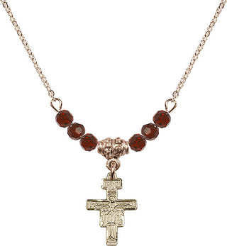 18" Hamilton Gold Plated Necklace with 4mm Garnet Crystal Beads featuring a 14kt Gold Filled San Damiano Crucifix Medal.