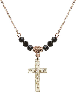 18" Hamilton Gold Plated Necklace with 4mm Jet Crystal Beads featuring a 14kt Gold Filled Crucifix Medal.