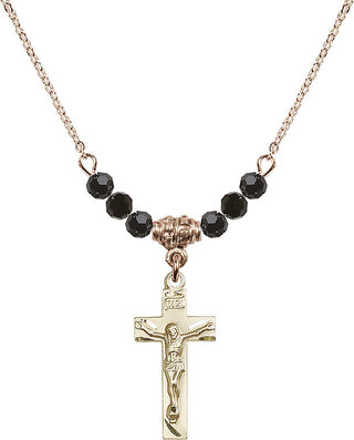 18" Hamilton Gold Plated Necklace with 4mm Jet Crystal Beads featuring a 14kt Gold Filled Crucifix Medal.