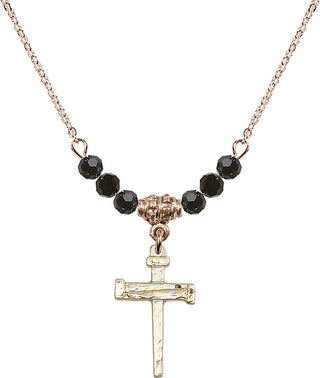 18" Hamilton Gold Plated Necklace with 4mm Jet Crystal Beads featuring a 14kt Gold Filled Nail Cross Medal.