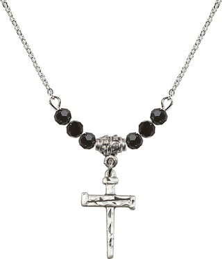 18" Rhodium Plated Necklace with 4mm Jet Crystal Beads featuring a Sterling Silver Nail Cross Medal.