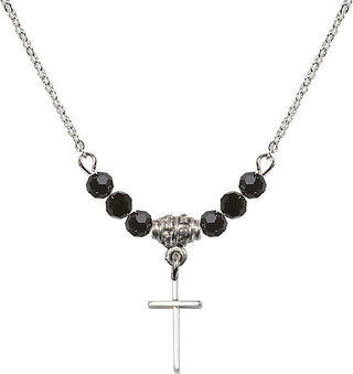 18" Rhodium Plated Necklace with 4mm Jet Crystal Beads featuring a Sterling Silver Cross Medal.