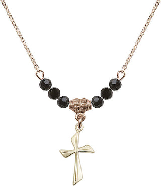 18" Hamilton Gold Plated Necklace with 4mm Jet Crystal Beads featuring a 14kt Gold Filled Cross Medal.