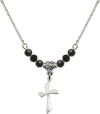 18" Rhodium Plated Necklace with 4mm Jet Crystal Beads featuring a Sterling Silver Cross Medal.