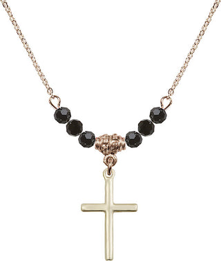 18" Hamilton Gold Plated Necklace with 4mm Jet Crystal Beads featuring a 14kt Gold Filled Cross Medal.