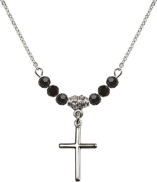 18" Rhodium Plated Necklace with 4mm Jet Crystal Beads featuring a Sterling Silver Cross Medal.