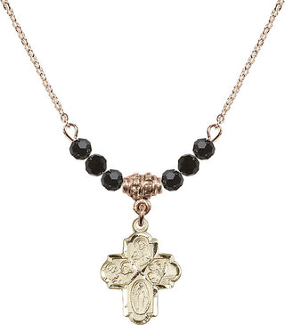 18" Hamilton Gold Plated Necklace with 4mm Jet Crystal Beads featuring a 14kt Gold Filled 4-Way Medal.