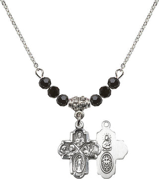 18" Rhodium Plated Necklace with 4mm Jet Crystal Beads featuring a Sterling Silver 4-Way Medal.