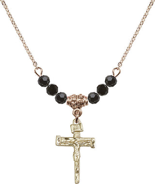 18" Hamilton Gold Plated Necklace with 4mm Jet Crystal Beads featuring a 14kt Gold Filled Nail Crucifix Medal.
