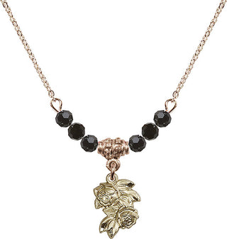 18" Hamilton Gold Plated Necklace with 4mm Jet Crystal Beads featuring a 14kt Gold Filled Rose Medal.