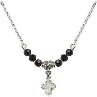 18" Rhodium Plated Necklace with 4mm Jet Crystal Beads featuring a Sterling Silver 4-Way Medal.
