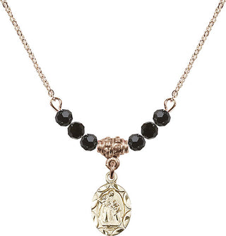 18" Hamilton Gold Plated Necklace with 4mm Jet Crystal Beads featuring a 14kt Gold Filled Saint Ann Medal.
