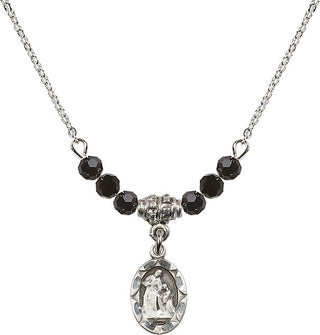 18" Rhodium Plated Necklace with 4mm Jet Crystal Beads featuring a Sterling Silver Saint Ann Medal.