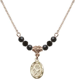 18" Hamilton Gold Plated Necklace with 4mm Jet Crystal Beads featuring a 14kt Gold Filled Saint Christopher Medal.