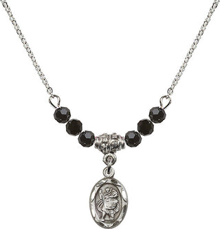 18" Rhodium Plated Necklace with 4mm Jet Crystal Beads featuring a Sterling Silver Saint Christopher Medal.