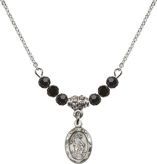 18" Rhodium Plated Necklace with 4mm Jet Crystal Beads featuring a Sterling Silver Guardian Angel Medal.