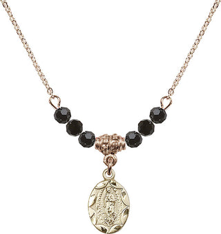 18" Hamilton Gold Plated Necklace with 4mm Jet Crystal Beads featuring a 14kt Gold Filled Our Lady of Guadalupe Medal.