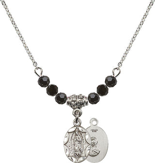 18" Rhodium Plated Necklace with 4mm Jet Crystal Beads featuring a Sterling Silver Our Lady of Guadalupe Medal.