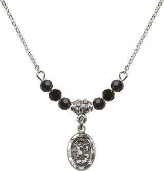 18" Rhodium Plated Necklace with 4mm Jet Crystal Beads featuring a Sterling Silver Saint Michael the Archangel Medal.
