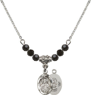 18" Rhodium Plated Necklace with 4mm Jet Crystal Beads featuring a Sterling Silver Scapular Medal.