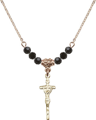 18" Hamilton Gold Plated Necklace with 4mm Jet Crystal Beads featuring a 14kt Gold Filled Papal Crucifix Medal.