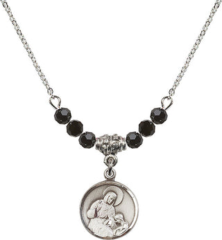 18" Rhodium Plated Necklace with 4mm Jet Crystal Beads featuring a Sterling Silver Saint Ann Medal. Engraved Catholic Saint Jewelry