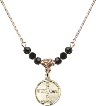 18" Hamilton Gold Plated Necklace with 4mm Jet Crystal Beads featuring a 14kt Gold Filled Baptism Medal. Engraved Catholic Saint Jewelry