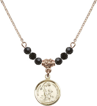 18" Hamilton Gold Plated Necklace with 4mm Jet Crystal Beads featuring a 14kt Gold Filled Guardian Angel Medal. Engraved Catholic Saint Jewelry