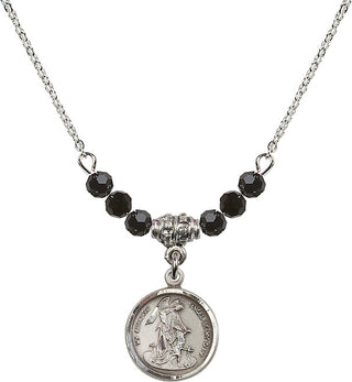 18" Rhodium Plated Necklace with 4mm Jet Crystal Beads featuring a Sterling Silver Guardian Angel Medal. Engraved Catholic Saint Jewelry