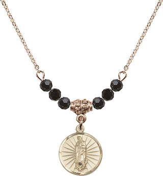 18" Hamilton Gold Plated Necklace with 4mm Jet Crystal Beads featuring a 14kt Gold Filled Our Lady of Guadalupe Medal. Engraved Catholic Saint Jewelry