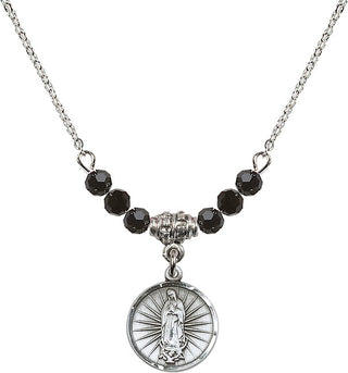 18" Rhodium Plated Necklace with 4mm Jet Crystal Beads featuring a Sterling Silver Our Lady of Guadalupe Medal. Engraved Catholic Saint Jewelry