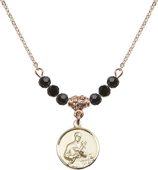 18" Hamilton Gold Plated Necklace with 4mm Jet Crystal Beads featuring a 14kt Gold Filled Saint Gerard Medal. Engraved Catholic Saint Jewelry