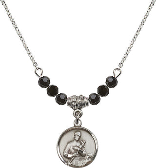 18" Rhodium Plated Necklace with 4mm Jet Crystal Beads featuring a Sterling Silver Saint Gerard Medal. Engraved Catholic Saint Jewelry