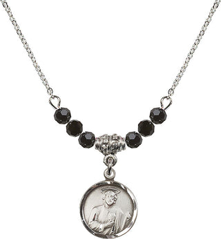 18" Rhodium Plated Necklace with 4mm Jet Crystal Beads featuring a Sterling Silver Saint Jude Medal. Engraved Catholic Saint Jewelry