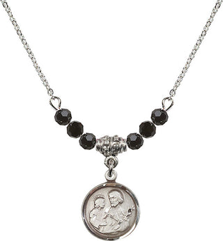 18" Rhodium Plated Necklace with 4mm Jet Crystal Beads featuring a Sterling Silver Saint Joseph Medal. Engraved Catholic Saint Jewelry