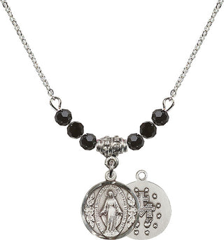 18" Rhodium Plated Necklace with 4mm Jet Crystal Beads featuring a Sterling Silver Miraculous Medal.
