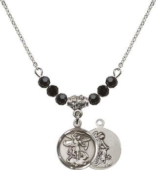 18" Rhodium Plated Necklace with 4mm Jet Crystal Beads featuring a Sterling Silver Saint Michael the Archangel Medal.