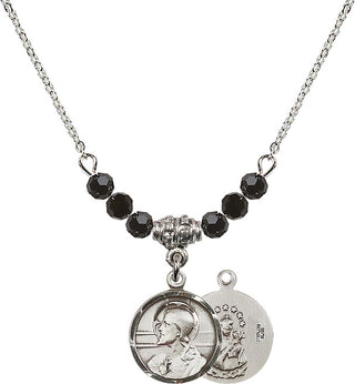 18" Rhodium Plated Necklace with 4mm Jet Crystal Beads featuring a Sterling Silver Scapular Medal.