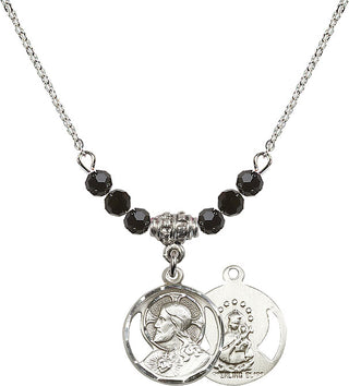 18" Rhodium Plated Necklace with 4mm Jet Crystal Beads featuring a Sterling Silver Scapular Medal.