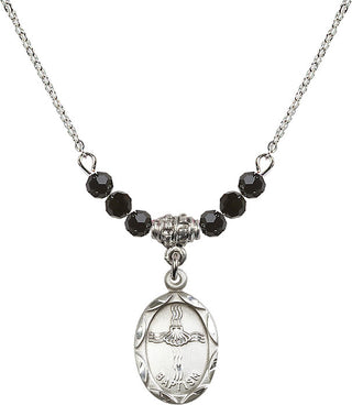 18" Rhodium Plated Necklace with 4mm Jet Crystal Beads featuring a Sterling Silver Baptism Medal. Engraved Catholic Saint Jewelry