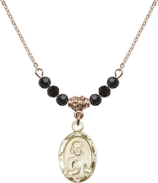 18" Hamilton Gold Plated Necklace with 4mm Jet Crystal Beads featuring a 14kt Gold Filled Saint Jude Medal. Engraved Catholic Saint Jewelry