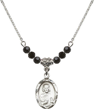 18" Rhodium Plated Necklace with 4mm Jet Crystal Beads featuring a Sterling Silver Saint Jude Medal. Engraved Catholic Saint Jewelry
