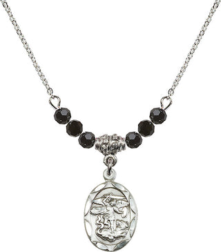 18" Rhodium Plated Necklace with 4mm Jet Crystal Beads featuring a Sterling Silver Saint Michael the Archangel Medal.