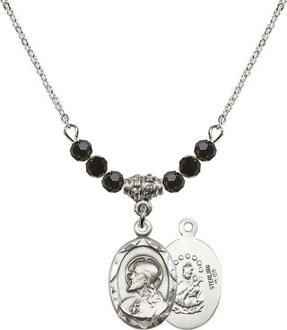 18" Rhodium Plated Necklace with 4mm Jet Crystal Beads featuring a Sterling Silver Scapular Medal.