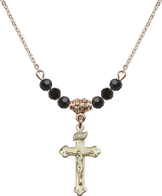 18" Hamilton Gold Plated Necklace with 4mm Jet Crystal Beads featuring a 14kt Gold Filled Crucifix Medal.