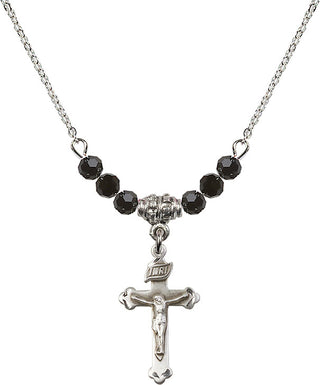 18" Rhodium Plated Necklace with 4mm Jet Crystal Beads featuring a Sterling Silver Crucifix Medal.