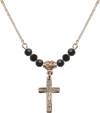 18" Hamilton Gold Plated Necklace with 4mm Jet Crystal Beads featuring a 14kt Gold Filled Crucifix Medal.