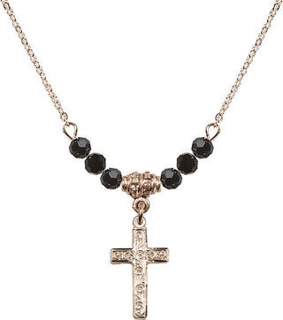 18" Hamilton Gold Plated Necklace with 4mm Jet Crystal Beads featuring a 14kt Gold Filled Cross Medal.