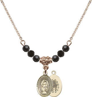 18" Hamilton Gold Plated Necklace with 4mm Jet Crystal Beads featuring a 14kt Gold Filled Miraculous Medal.
